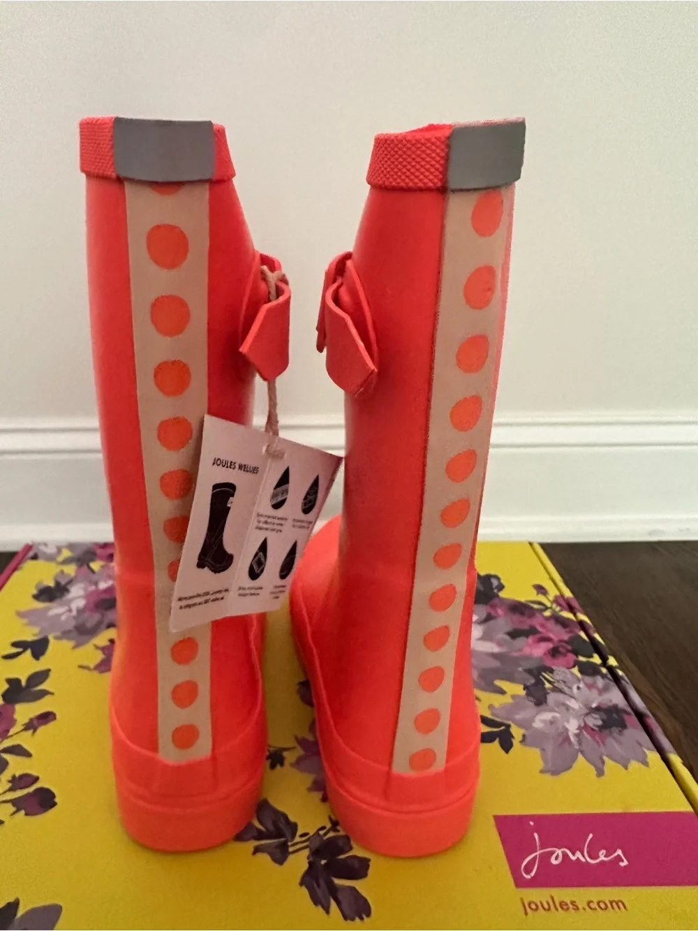 NWT Joules Bright Coral Orange Girls Waterproof Welly Rain Boots 2